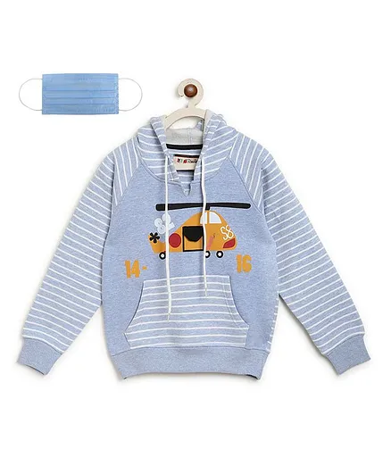 Li'L tomatoes Full Sleeves Striped & Helicopter Print Hoodie With 3 Ply Face Mask - Sky Blue