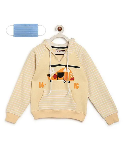 Li'L tomatoes Full Sleeves Striped & Helicopter Print Hoodie With 3 Ply Face Mask - Yellow
