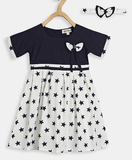 Bella Moda Half Sleeves Star Printed Dress With Bow Headband - White & Navy Blue