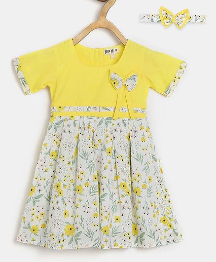 Bella Moda Half Sleeves Flower Printed Dress With Bow Headband - Yellow