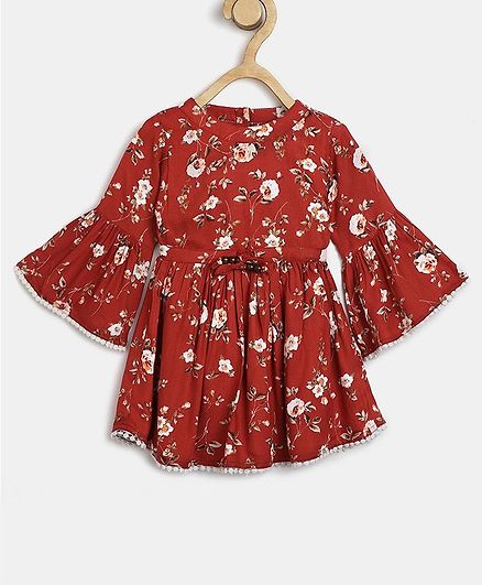Bella Moda Full Sleeves Flower Print Dress - Maroon