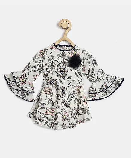 Bella Moda Full Sleeves Flower Print Woven A-Line Dress With Applique And Tie-Up - White