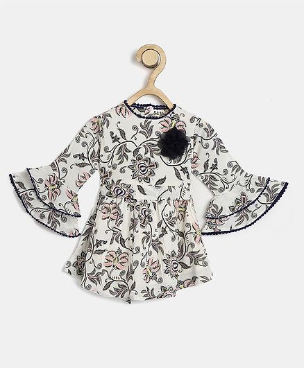Bella Moda Full Sleeves Flower Print Woven A-Line Dress With Applique And Tie-Up - White