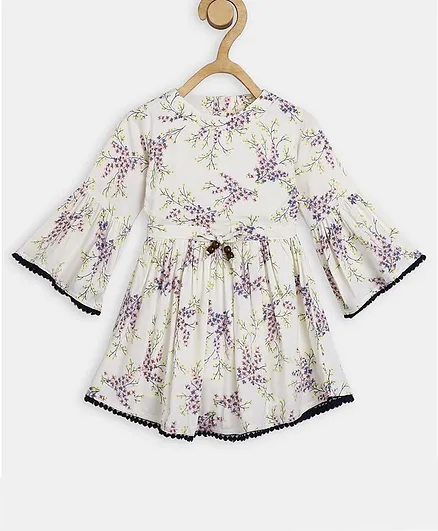 Bella Moda Full Sleeves Flower Print Woven A-Line Dress With Lace Insert And Tie-Up Detail - Cream