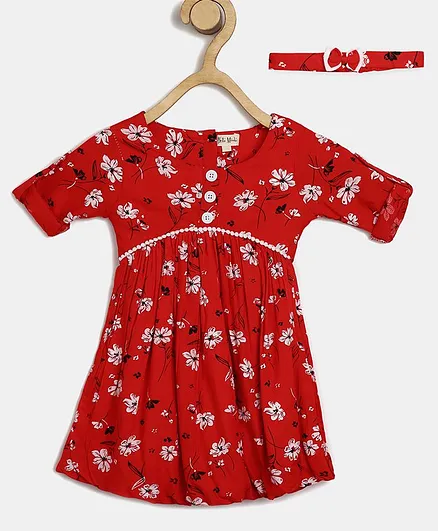 Bella Moda Full Sleeves Flower Print Woven A-Line Dress With Headband - Red