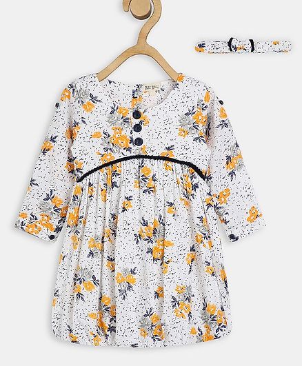 Bella Moda Full Sleeves Flower Print Woven A-Line Dress With Headband - White