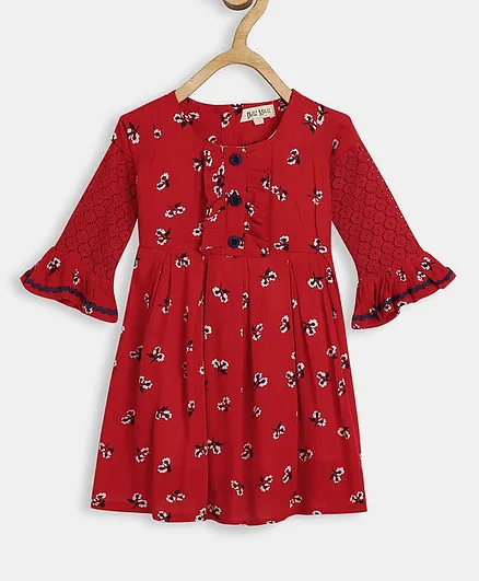Bella Moda Full Sleeves Flower Print Woven Fit And Flare Dress - Red
