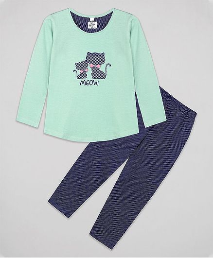 The Sandbox Clothing Co Meow Print Full Sleeves Night Suit Set - Blue