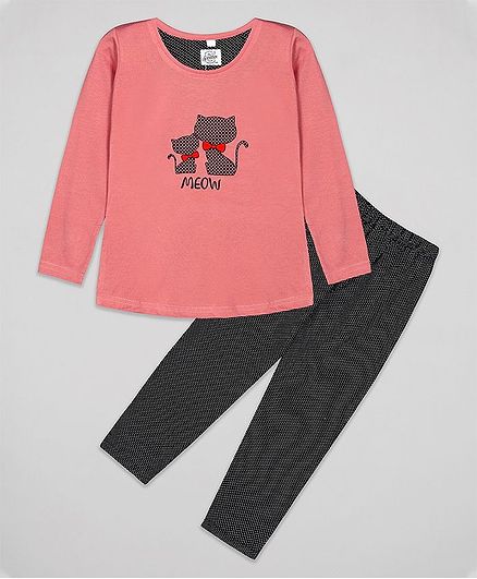 The Sandbox Clothing Co Meow Print Full Sleeves Night Suit Set - Pink