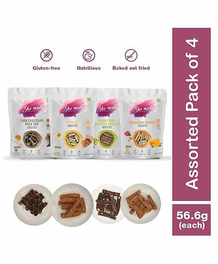 She Made Assorted Biscotti - Cranberry orange - Dark chocolate rock salt - Double dark pistachio - Almond - Pack of 4 - 56.6gm Each - Gluten-free, Vegetarian, Nutritious Diet, Healthy Snacks