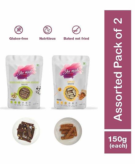 She Made Assorted Biscotti pack - Almond - Double dark chocolate - pistachio - Pack of 2 - 150 gms Each - Gluten-free, Vegetarian, Nutritious Diet, Healthy Snacks