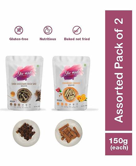She Made Assorted Biscotti pack - Dark chocolate rock salt - Cranberry orange - Pack of 2 - 150 gm Each - Gluten-free, Vegetarian, Nutritious Diet, Healthy Snacks