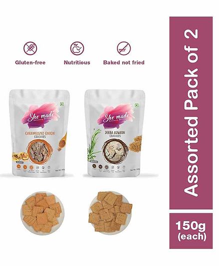 She Made Assorted Crackers pack - Jeera ajwain - Caramelized onion - Pack of 2 - 150 gm Each - Gluten-free, Vegan, Nutritious Diet, Healthy Snacks