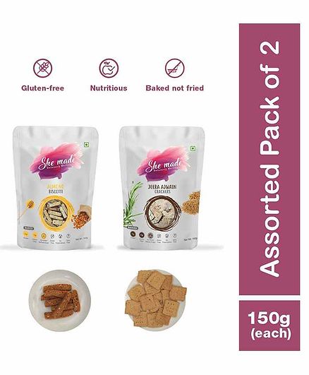 She Made Jeera Ajwain Crackers & Almond Biscottis Pack of 2 - 150 grams Each - Gluten-free, Vegetarian, Nutritious Diet, Healthy Snacks