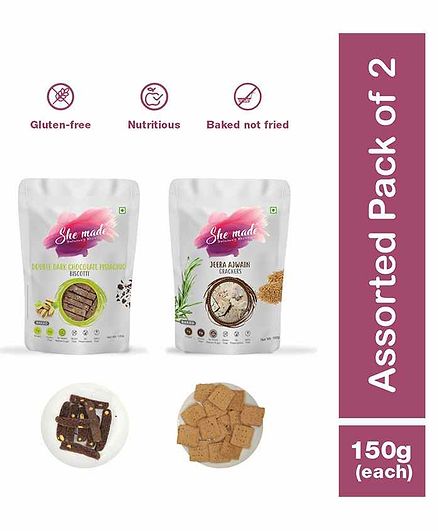 She Made Jeera Ajwain Crackers & Double Dark Chocolate Pistachio Biscottis Pack of 2 - 150 grams Each - Gluten-free, Vegetarian, Nutritious Diet, Healthy Snacks