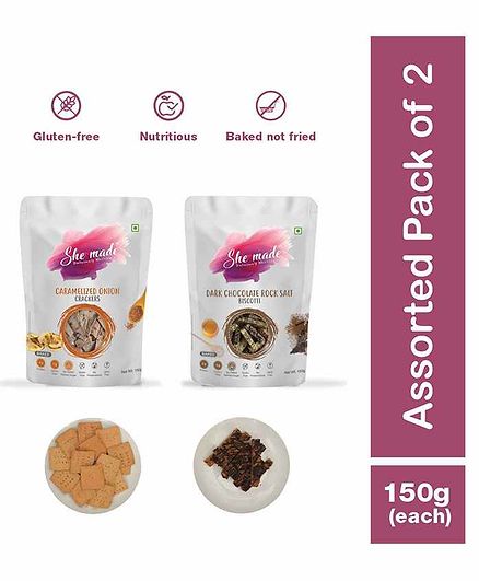 She Made Caramelized Onion Crackers & Dark Chocolate Rock Salt Biscottis Pack of 2 - 150 grams Each - Gluten-free, Vegetarian, Nutritious Diet, Healthy Snacks