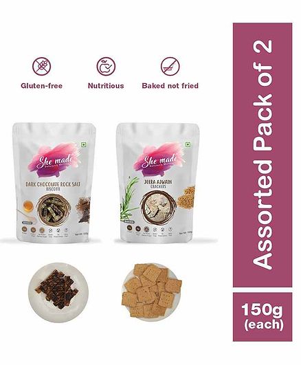 She Made Jeera Ajwain Crackers & Dark Chocolate Rock Salt Biscottis Pack of 2 - 150 grams Each - Gluten-free, Vegetarian, Nutritious Diet, Healthy Snacks