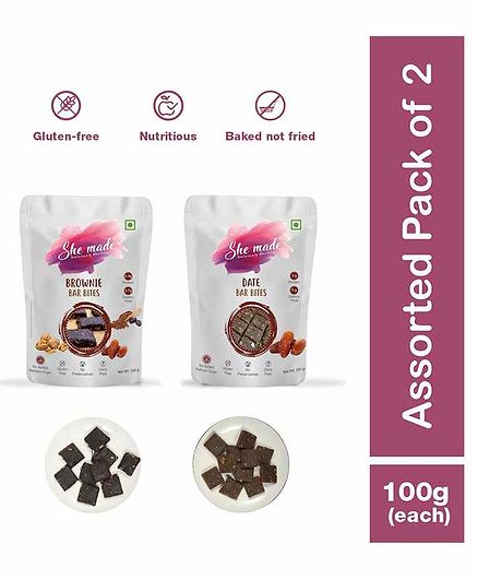 She Made Assorted Bar Bites - Brownie - Date - Pack of 2 - 100gm Each - Gluten-free, Vegan, Nutritious Diet, Healthy Snacks
