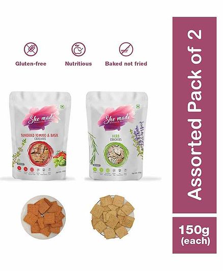 She Made Assorted Crackers pack - Sundried tomato - Herb - Pack of 2 - 150 gm Each - Gluten-free, Vegan, Nutritious Diet, Healthy Snacks