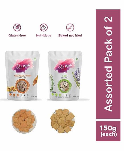She Made Assorted Crackers pack - Herb - Caramelized onion - Pack of 2 - 150 gm Each - Gluten-free, Vegan, Nutritious Diet, Healthy Snacks