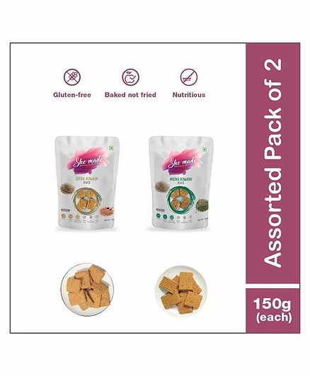 She Made Assorted Toast pack - Methi ajwain - Jeera ajwain Pack of 2 - 150 gm Each - Gluten-free, Vegan, Nutritious Diet, Healthy Snacks