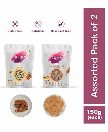 She Made Carmelized Onion Crackers and Almond Biscuit Pack of 2 - 150 gm Each - Gluten-free, Vegan, Nutritious Diet, Healthy Snacks