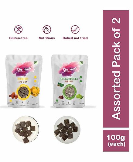 She Made Matcha Moringa and Turmeric Bar Bites Combo of 2 - 100 gm Each - Gluten-free, Vegan, Nutritious Diet, Healthy Snacks