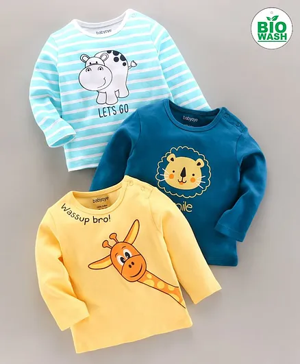 Babyoye Full Sleeves Bio-Wash Tee Animal Print Pack of 3 - Blue Yellow