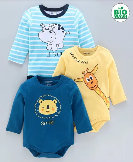 Babyoye Cotton Full Sleeve Bodysuits Animal Print Pack of 3 - Blue Yellow