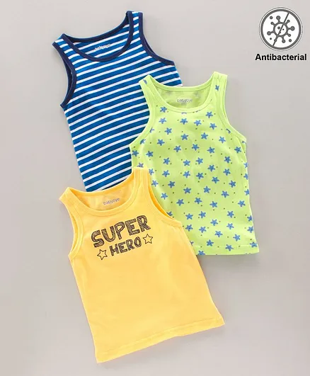 Babyoye Bio-Wash Antibacterial finish Sleeveless Vest Star Print Pack of 3 - Yellow