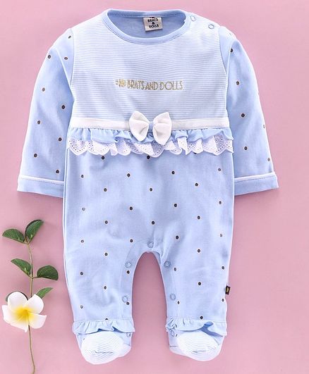 Brats and Dolls Full Sleeves Footed Romper Polka Dot Print - Blue