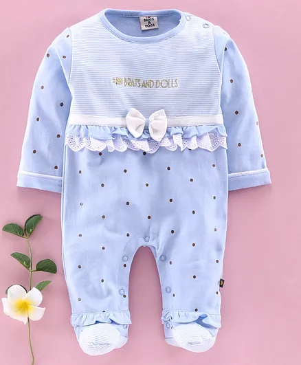 Brats and Dolls Full Sleeves Footed Romper Polka Dot Print - Blue