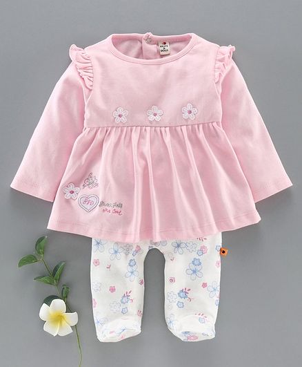 Brats And Dolls Full Sleeves Romper Flower Patch Print - Pink