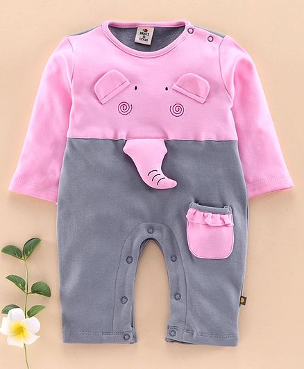 Brats and Dolls Full Sleeves Romper Elephant Applique - Pink