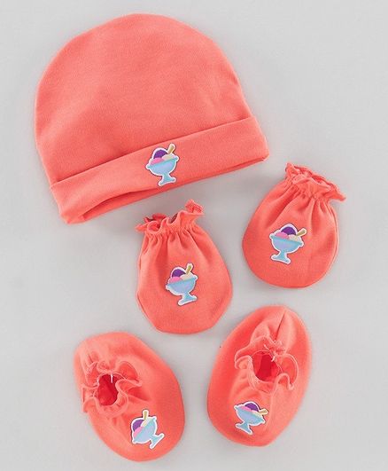 Ben Benny Cap & Mittens With Booties Ice Cream Patch Orange - Diameter 10.5 cm