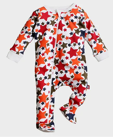 Nino Bambino 100% Organic Cotton Full Sleeves Footed Star Print Zipper Romper - Multi Color