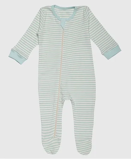 Nino Bambino 100% Organic Cotton Full Sleeves Footed Striped Romper - Blue