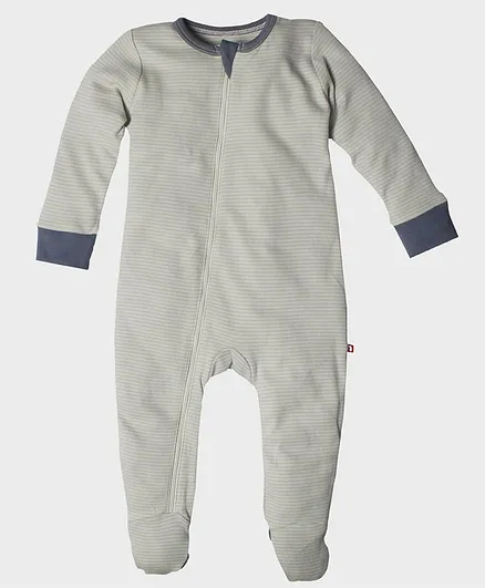 Nino Bambino 100% Organic Cotton Full Sleeves Striped Footed Romper - Grey