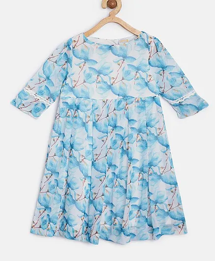 Aomi Three Fourth Sleeves Floral Print Box Pleated Dress - Light Blue