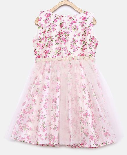 Aomi Sleeveless Flower Print Netted Dress - Off-White & Pink