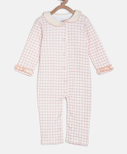 Aomi Full Sleeves Heart Print Romper - White & Pink