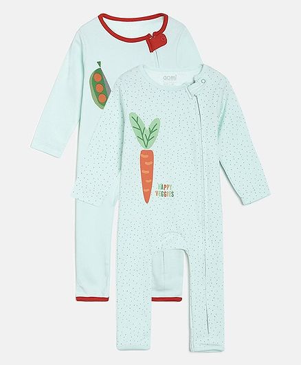 Aomi Pack Of 2 Full Sleeves Carrot Print Romper - Green