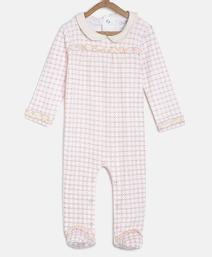 Aomi Full Sleeves Heart Print Sleepsuits - White & Peach