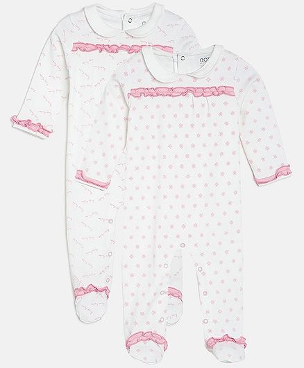 Aomi Pack Of 2 Full Sleeves Flower Print Sleepsuits - White & Pink