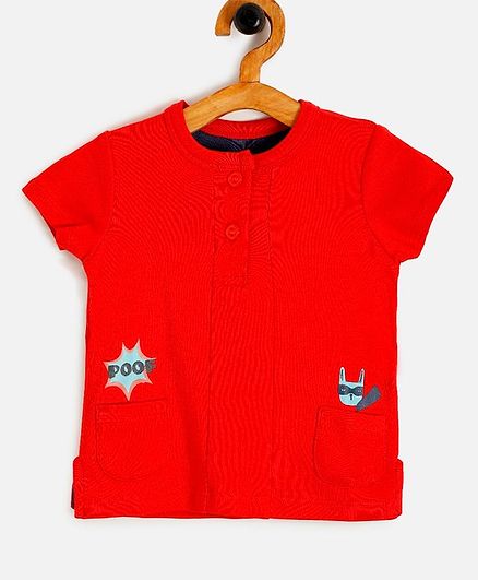 Aomi Cat Face Print Henley Short Sleeves Tee - Red