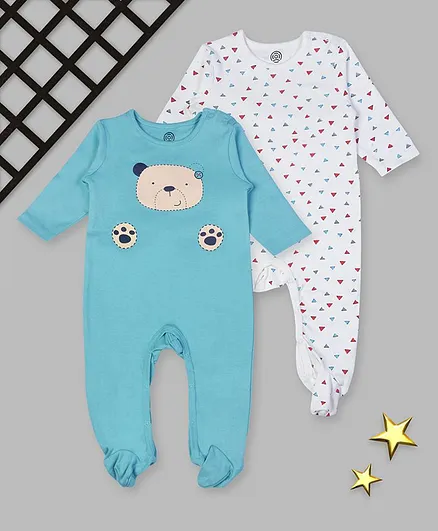 Tambourine Pack Of 2 Full Sleeves Triangle & Bear Printed Sleep Suits - White & Blue