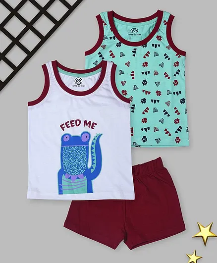 Tambourine Pack Of 2 Sleeveless Dinosaur & Paw Printed Tee & Shorts Set - White & Sea Green