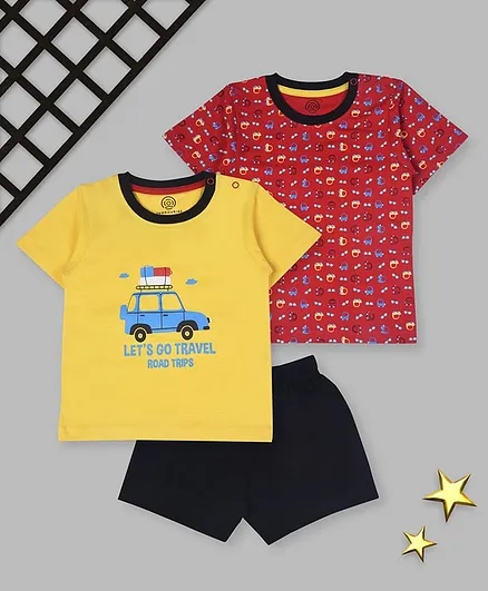 Tambourine Pack Of 2 Half Sleeves Vehicle Printed Tee & Shorts Set - Red & Yellow