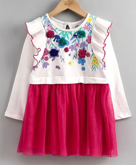 Tambourine Full Sleeves Floral Chest Print Dress With 3 D Flowers - Pink