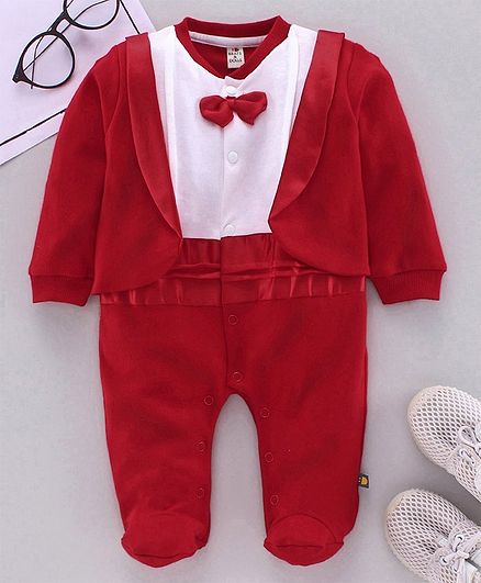Brats and Dolls Full Sleeves Footed Party Wear Romper with Bow - Red
